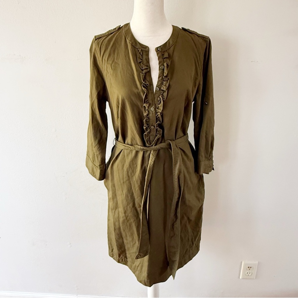 Talbots Women Ruffle Belted Sateen Dress Size 8P Classy Twee Office City Neutral